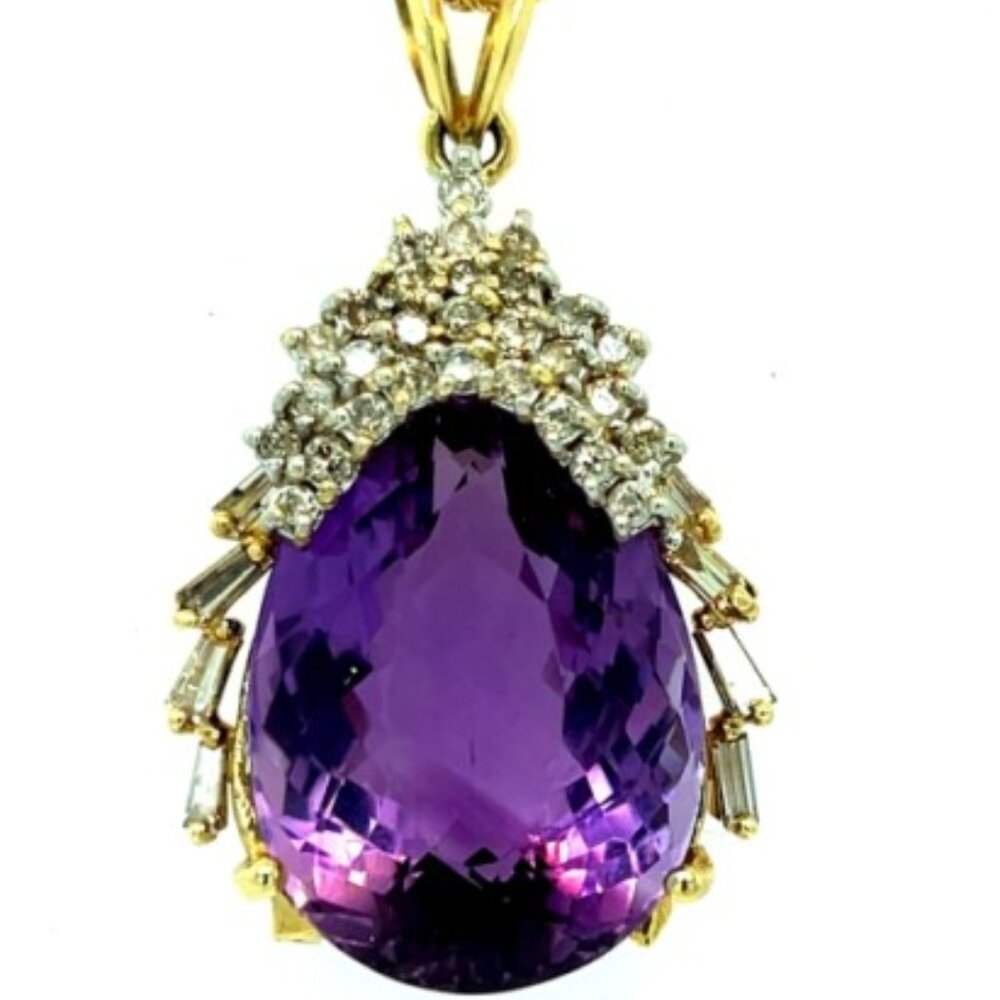 14k Yellow Gold Amethyst and Diamond Teardrop Pendant